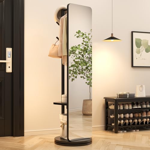 AnywaysWood 70"x19"Full Length Mirror with Stand,Coat Rack with Mirror,Solid Wood Floor Mirror,Swivel Mirrorfor Bedroom, Living Room, Cloakroom - color: Black