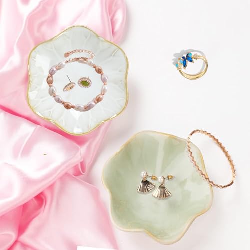 Binoster 2 Pcs Ceramic Jewelry Dish, Jewelry Tray Key Tray,Small Ring Dish Holder Jewelry Plate Trinket Dish Catchall Tray Nightstand Decor For Table Room Decor SM (4.3 In, White,Green) - color: White + Green, size: 4.3 inches