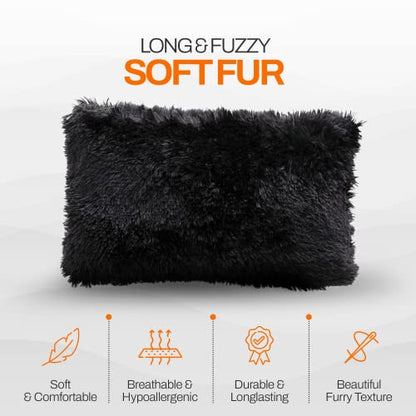 Cheer Collection Throw Pillows for Couch and Bed, Soft Shaggy Throw Pillows with Inserts Included, Cozy Long Hair Faux Fur Pillows - Set of 2-12" x 20" - Black - color: Black, size: 12" x 20"