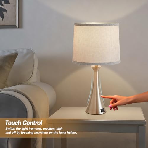 Touch Table Lamps Set of 2, 21" Bedside Lamps with USB C+A, Silver - color: Silver 2pcs
