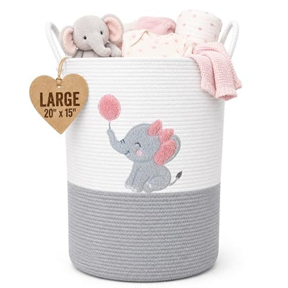 Elephant Baby Laundry Basket for Girl Nursery, Pink Rope Hamper, 20x15 in - color: Girl Elephant
