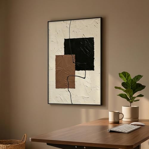 QKF Block Geometric 3D Texture Black Aluminum Frame Canvas Wall Art - color: Beige, Brown & Black