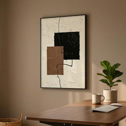 QKF Block Geometric 3D Texture Black Aluminum Frame Canvas Wall Art - color: Beige, Brown & Black