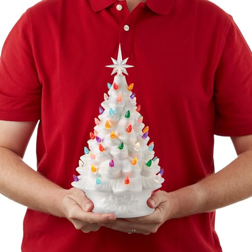 Casafield Hand Painted Ceramic Christmas Tree, White 15-Inch Pre-Lit Tree with 128 Multi Color Lights and 2 Star Toppers - color: White