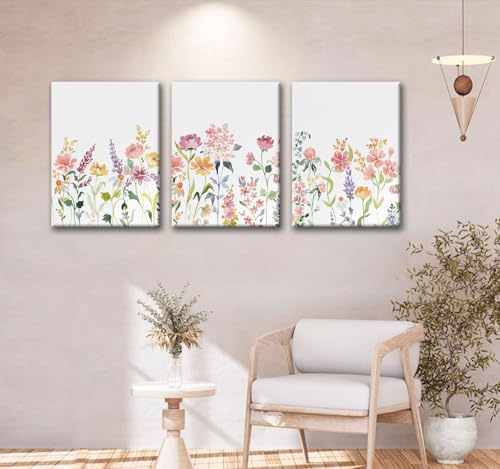 Watercolor Wildflower Canvas Wall Art, 3 Piece Gallery Wrapped Set, 12x16 - color: Plant flowers-1, size: 12x16 inch