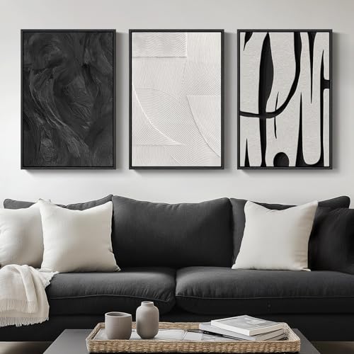 Framed Black and White Modern Abstract Wall Art set, 3 Piece Canvas Prints - color: Black and White Dialogue, size: 16" W x 24" H x 3Pcs