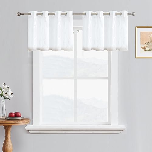 July Joy White Sheer Curtains 18 Inches Long Moroccan Embroidered Grommet Semi Window Drapes for Living Room Bedroom, White 2 Panels - color: White, size: 52"W x 18"L (Pack of 2)