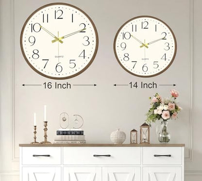 2 Pack 14 Inch Wall Clock, Silent Analog Clock Battery Operated - color: Brown Wood Grain, size: 14In-2Pcs