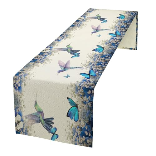 Hummingbird Flower Table Runner, Watercolor Spring Garden Theme Blue Flowers Butterfly Hummingbird Patterns Printed Linen Table Runner for Home Kitchen Dining Table Decoration 13x36 Inch - color: Style-45, size: 13"W x 36"L (Pack of 1)