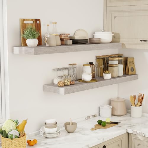 Acovy 55 Inch Floating Shelves, 12" Deep Floating Shelf Wall Mounted, 55" Wall Shelves, Rustic Deep Bookshelf, Extra Deeper & Thicker Display Shelves for Bedroom, Living Room, Gray, Set of 2 - color: Grey, size: 12"Wx55"L-2pcs