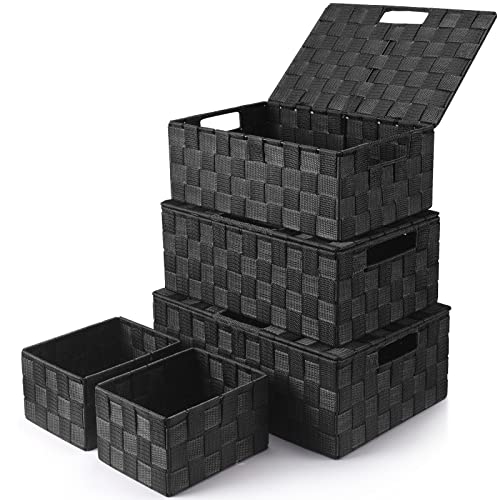 Storage Baskets with Lids: 5 Pack Stackable Woven Storage Bins, Black - color: Black, size: 5pack with Lids