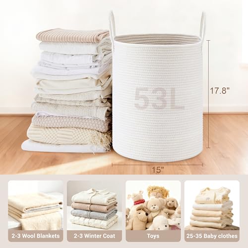 53L Tall Cotton Rope Laundry Basket with Handles, White - color: White, size: 53L