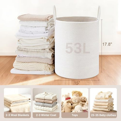 53L Tall Cotton Rope Laundry Basket with Handles, White - color: White, size: 53L