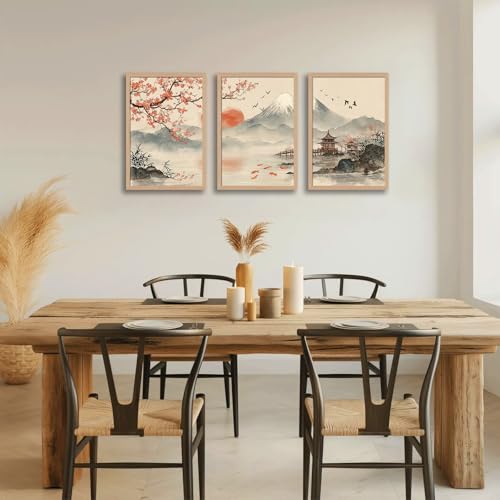 Japanese Sakura Wall Art Set of 3, Mountain Landscape Canvas Prints - color: CherryBlossomMountain, size: 16x24 Inches