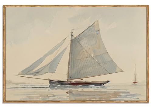Vintage Framed Watercolor Nautical Coastal Sailboat Canvas Wall Art | Coastal Sailboat Canvas Oil Painting, Living Room Bedroom Bathroom Decor, Ready to Hang, Fade-resistant, 12"x16" - color: Coastal Sailboat, size: 12"L x 16"W