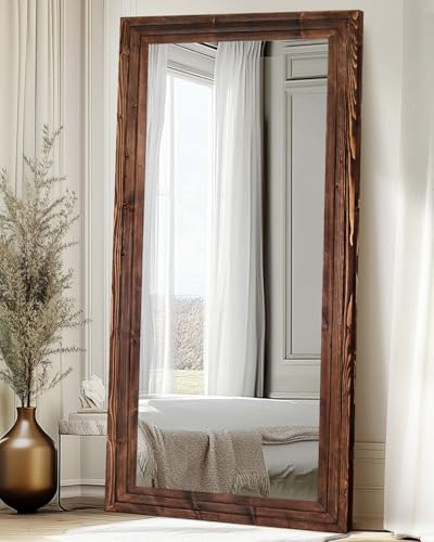 76x34in Full Length Mirror, 3-Tier Stepped Solid Wood Frame, Brown - color: Brown, size: 76"L x 34"W