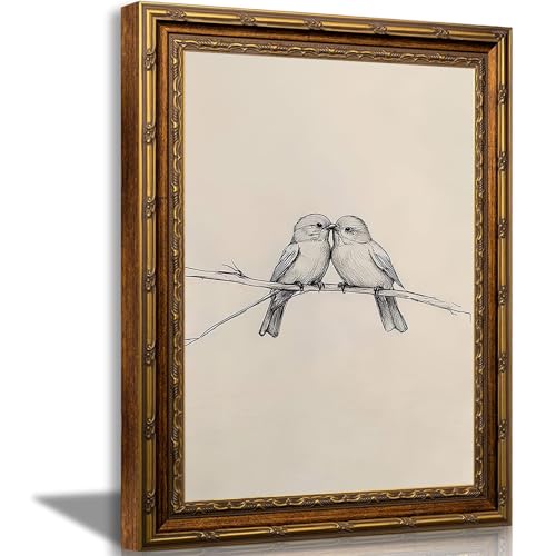 Vintage Gold Framed Wall Art Love Birds Sketch Canvas Print Romantic Couple Birds Line Drawing Painting for Bedroom Living Room Anniversary Wedding Gift Home Picture Decor 16X24 in - color: Birds, size: 16"L x 24"W