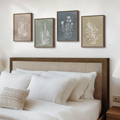 Framed Boho Neutral Botanical Wall Art for Living Room, 4 Piece 12x16 In - color: Simple - Walnut Framed, size: 12" W x 16" H x 4 pcs