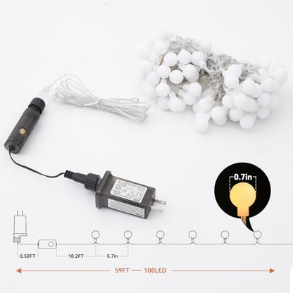 Dailyart Globe String Lights, 100Led 59FT Waterproof Fairy Lights Plug in 8 Modes with Remote Control, Brightness Adjustable &Timing String Lights Indoor Outdoor, Fairy Lights for Bedroom, Warm White - size: 59FT