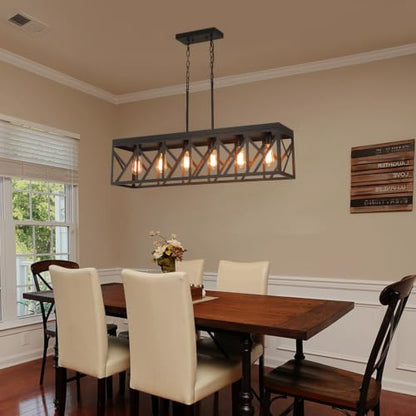 Rustic Farmhouse Metal Kitchen Island Lighting, 6 Lights Rectangular Pendant Light Fixture, Adjustable Rods Modern Metal Linear Chandelier for Kitchen Island Farmhouse Dining Room, Black - size: Large 6 lights