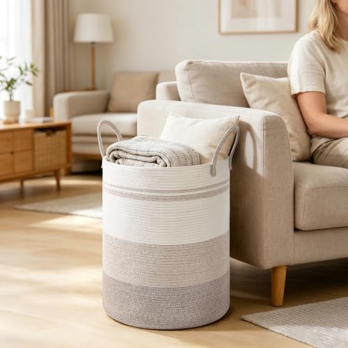 53L Tall Cotton Rope Laundry Basket with Handles, Brown Striped - color: Brown Striped, size: 53L