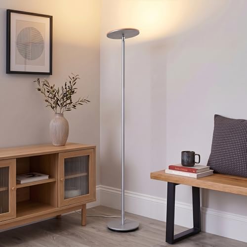 Brightech Sky LED Floor lamp, Torchiere Super Bright Floor Lamp for Living Room Decor & Office - Dimmable, Tall Standing Torch Lamp with Warm Light for Bedroom & Reading - Platinum Silver - color: Platinum Silver