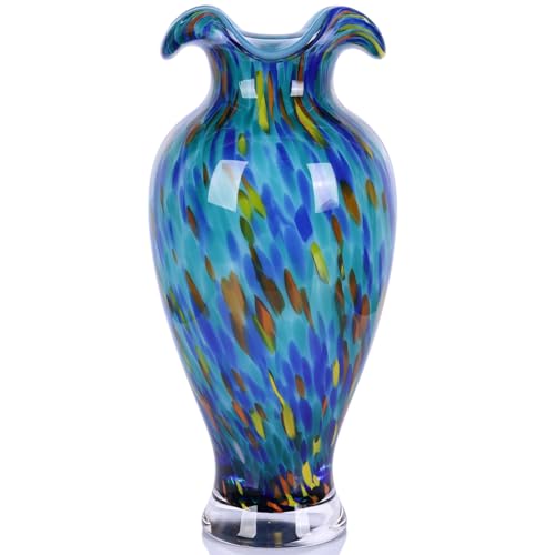 12" Tall Hand Blown Glass Vase – Pretty Ruffle Wide Mouth Decorative Flower Vase, for Modern Home Decor, Ideal Centerpiece for Living Rooms, Wedding & Home Decor - color: Aqua Fusion, size: Small
