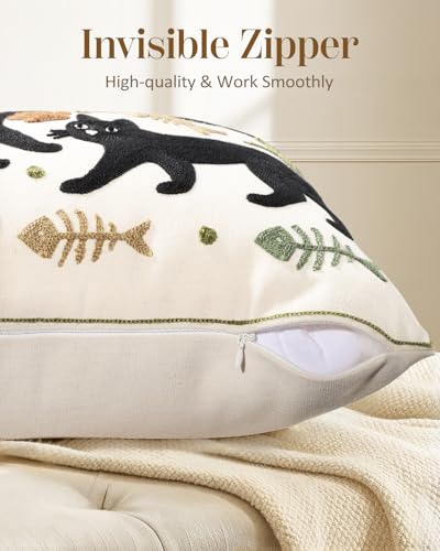 Animal Embroidered Throw Pillow Cover 18x18 Inch, Black Cat Leaves - color: Cat Leaf, size: 18" x 18" (Pack of 1)
