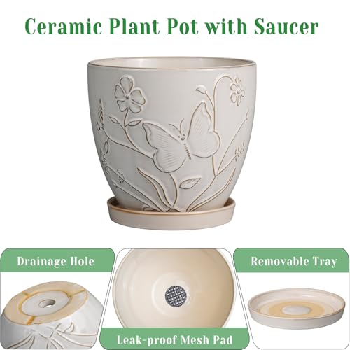 MPotTo 10 Inch Plant Pot, Ceramic Planter Pot, White - color: Butterflies and Flowers White
