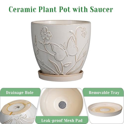 MPotTo 10 Inch Plant Pot, Ceramic Planter Pot, White - color: Butterflies and Flowers White