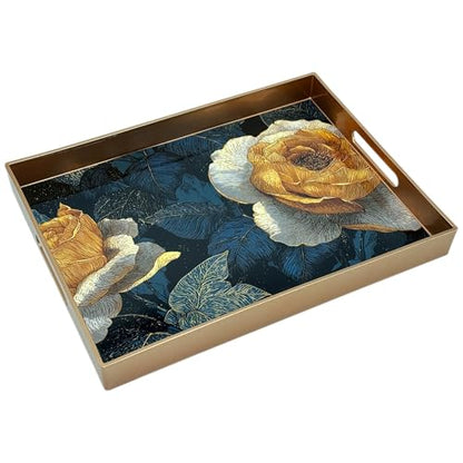 Serving Tray with Handles, 15.7 * 11.8 inches, Plastic Ottoman Tray with Exquisite Paintings, Trays for Coffee Table - color: Golden Rose Night