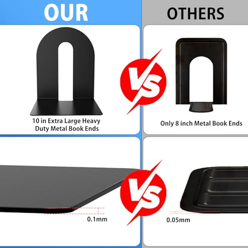 Heavy Duty 10" Bookends,Steel Black Metal Bookends (1 Pairs-2 pcs)