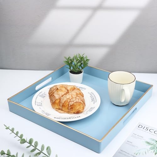 Spsyrine Light Blue Decorative Tray for Living Room, Square Modern Plastic Coffee Serving Table Tray for Ottoman Bathroom Kitchen, 13"*13". - color: Bs002r