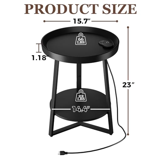 Gadroad Round End Table with Charging Station, Black - color: Black, size: 15.75"D x 15.75"W x 23"H (with Charging Station)