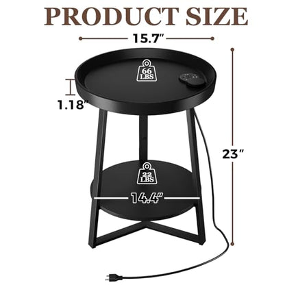 Gadroad Round End Table with Charging Station, Black - color: Black, size: 15.75"D x 15.75"W x 23"H (with Charging Station)