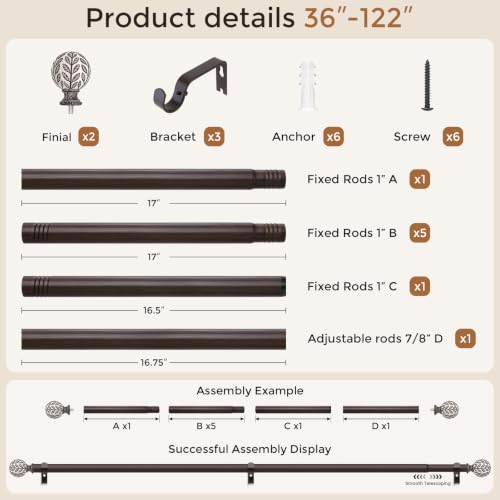 Curtain Rod 36-122 Inch, Boho Wood 1 Inch Curtain Rods for Windows - color: Walnut Wood, size: 36''-122'' (1 Pack)