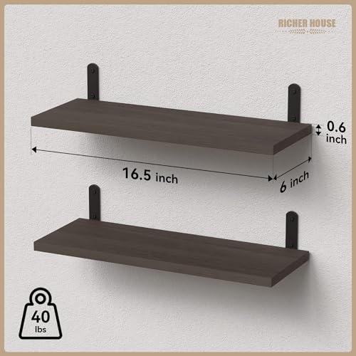 RICHER HOUSE Rustic Wood Floating Shelves, 2-Set Wall Mounted Shelves, 16In - color: Deep Brown