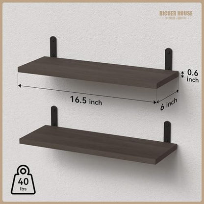 RICHER HOUSE Rustic Wood Floating Shelves, 2-Set Wall Mounted Shelves, 16In - color: Deep Brown