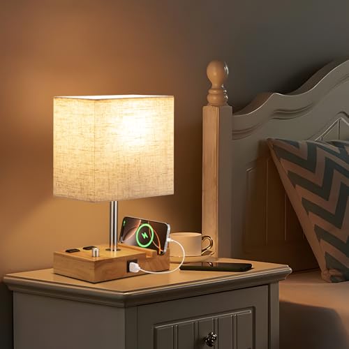 Wood Grain Table Lamp for Bedroom, Stepless Dimmable, USB C+A, 2 AC Outlets - color: Wood Grain with Knob Switch, size: 1 Pack