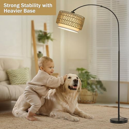 Rattan Floor Lamp, Dimmable Arc Floor Lamps with Adjustable Head - color: Black Base with Rattan Shade