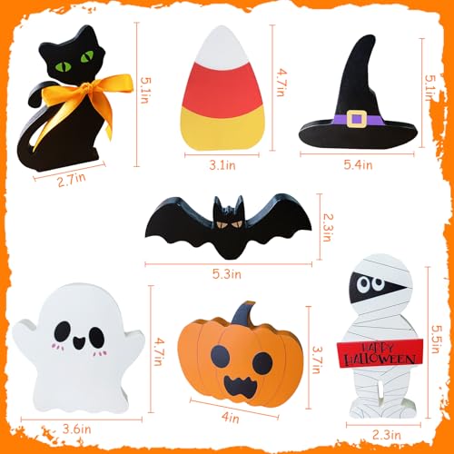 Cute Halloween Decorations Indoor: 7PCS Wooden Tiered Tray Decor Table Sign - Pumpkin Ghost Bat Black Cat Mummy Witch Hat Candy Corn Freestanding Signs for Party Home Mantel Shelf Display - style: Cute