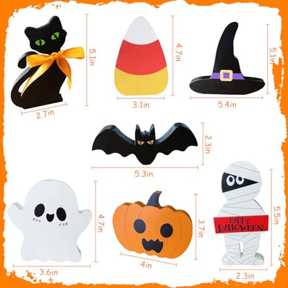 Cute Halloween Decorations Indoor: 7PCS Wooden Tiered Tray Decor Table Sign - Pumpkin Ghost Bat Black Cat Mummy Witch Hat Candy Corn Freestanding Signs for Party Home Mantel Shelf Display - style: Cute