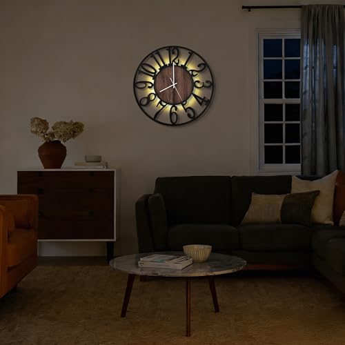 20" Silent Wall Clock – Adjustable Night Light, Battery Operated - color: Black Walnut - Arabic Numerals, size: 20 inch(50 cm)