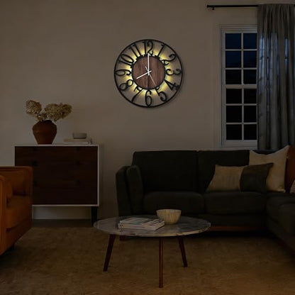 20" Silent Wall Clock – Adjustable Night Light, Battery Operated - color: Black Walnut - Arabic Numerals, size: 20 inch(50 cm)