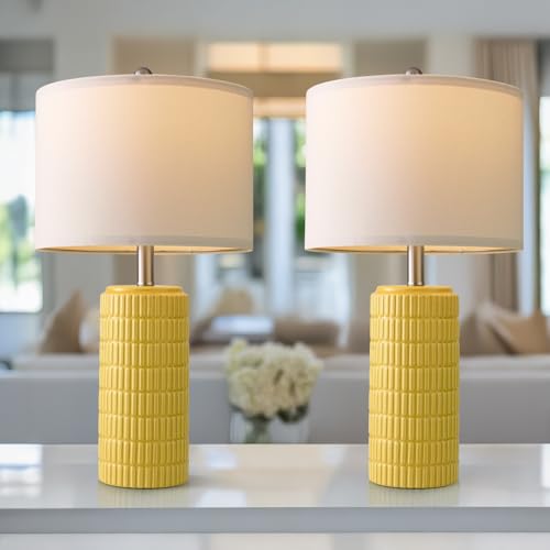 PoKat 23" Yellow Table Lamps Set of 2, Modern Living Room End Table Lamps Decor, Ceramic Lamps for Living Room, Contemporary Nightstand Lamps for Side Console Table Hallway Gift