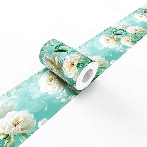 White Peony Wallpaper Border Peel and Stick Mint Green Visual Depth Trim - color: Mint Green/White, size: 3.9" x 393.7"