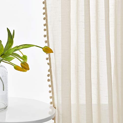 Pom Pom Linen Sheer Curtains for Living Room 63 Slub Textured Natural Beige - color: Natural, size: 52"W x 63"L (Pack of 2)