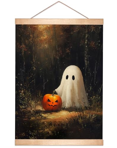 Rustic Halloween Ghost and Pumpkin Wall Art 18.5x14 Inch, Vintage Farmhouse Linen Canvas Wall Hanging Poster , Halloween Home Decor, Retro Gothic Haunted House Theme Wall Poster for Living Room Bedroom(BLK09) - color: BLK09