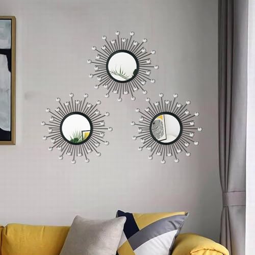 3 Pack Metal Mirror for Wall Sunburst Wall Mirror Black Crystal Home Accent - color: Black Crystal