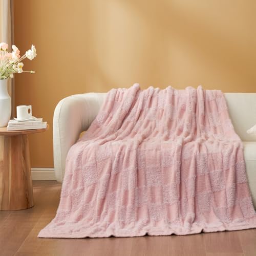 Snuggle Sac Faux Fur Pink Checkered Blanket Twin Size with Soft Knitted Microfiber Fabric,Cozy Soft Warm Blanket for Sofa Bedroom Living Room,Solid Pink,60x80 inches - color: Solid Pink, size: Twin(60"x80")
